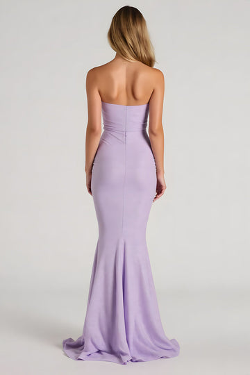 Robe longue de demoiselle d’honneur sirène sans bretelles lilas
